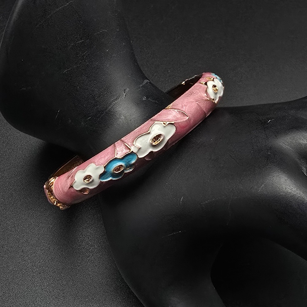Vintage Pink Enamel Floral Hinged Bangle Bracelet Gold Tone 7 Inch